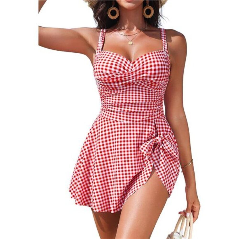 Vintage Style Red White One Piece Swim Dress Tummy Control